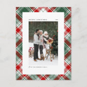 クラシックグリーンプレイドパターンメリークリスマスフォト シーズンポストカード (正面)