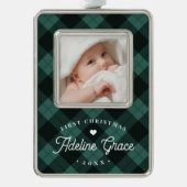 クラシックグリーンプレイドベビー初めてのクリスマス写真 シルバープレートフレームオーナメント (正面)