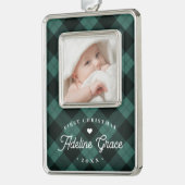 クラシックグリーンプレイドベビー初めてのクリスマス写真 シルバープレートフレームオーナメント (左)