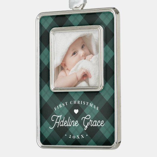 クラシックグリーンプレイドベビー初めてのクリスマス写真 シルバープレートフレームオーナメント (左)