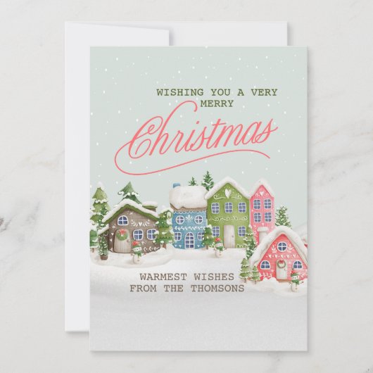 クラシックグリーンホワイトスノーヴィレッジメリークリスマス シーズンカード (正面)