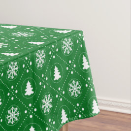 クラシックグリーンホワイト雪片クリスマスツリー テーブルクロス