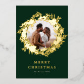 クラシックグリーンメリークリスマス金ゴールドリース写真 箔シーズンカード (正面)