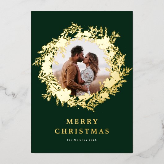 クラシックグリーンメリークリスマス金ゴールドリース写真 箔シーズンカード (正面)