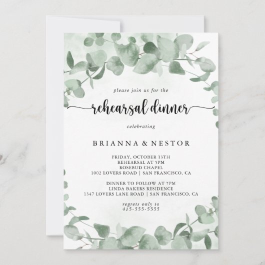 クラシックグリーンユーカリのリハーサルディナー 招待状 (正面)