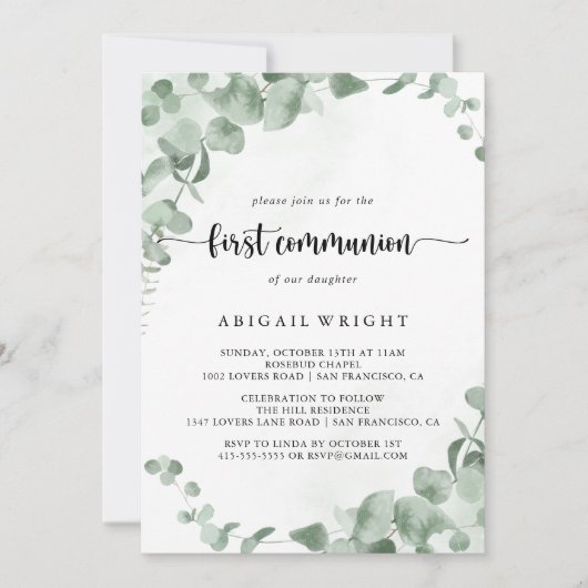 クラシックグリーンユーカリプトゥスの葉の最初の聖餐式 招待状 (正面)