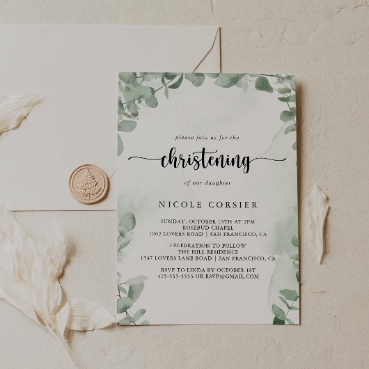 クラシックグリーンユーカリプトゥス葉《キリスト教》洗礼式や命名式 招待状