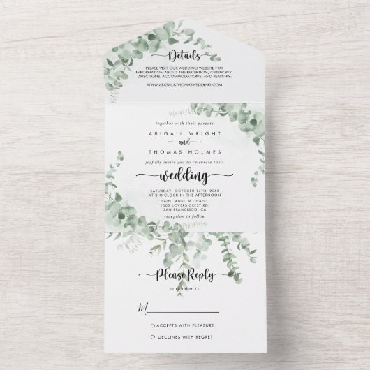 クラシックグリーンユーカリ結婚プス オールインワン招待状 (内側)