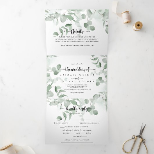 クラシックグリーンユーカリ結婚プス 三つ折り招待状 (内部)