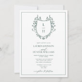 クラシックグリーンワイルドフラワーモノグラム結婚クレスト 招待状 (正面)