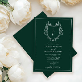 クラシックグリーンワイルドフラワーモノグラム結婚クレスト 招待状
