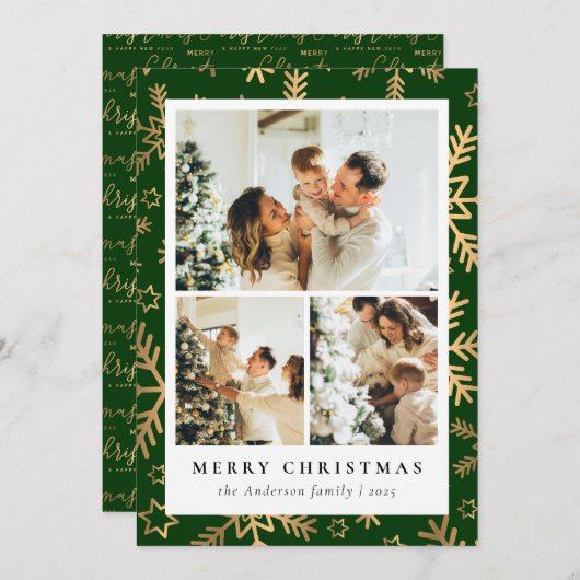クラシックグリーン金ゴールドフォトコラージクリスマス シーズンカード (正面/裏面)