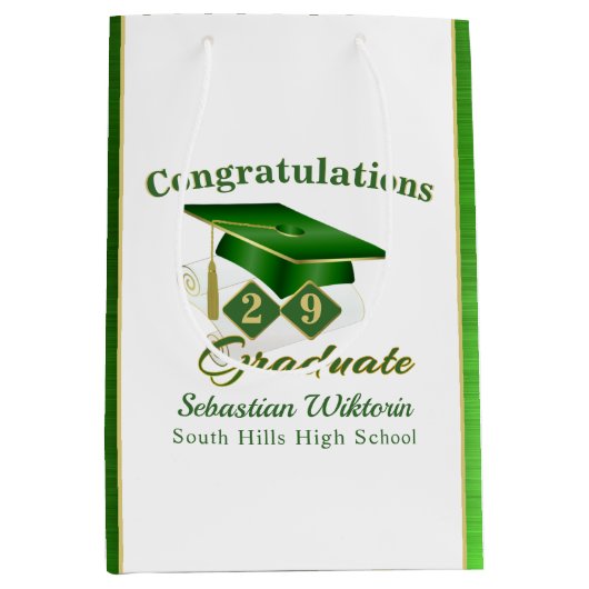 ・クラシックグリーン・金ゴールドパーソナライズされた卒業 ミディアムペーパーバッグ (正面)