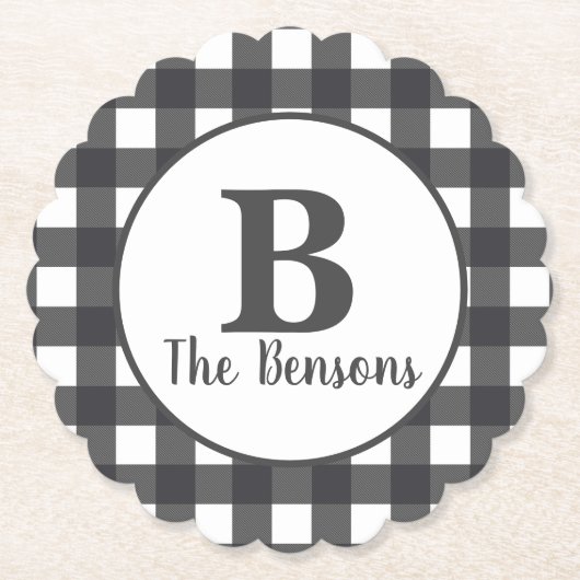 クラシックグレーホワイトモノグラムバッファロープレイド ペーパーコースター (正面)