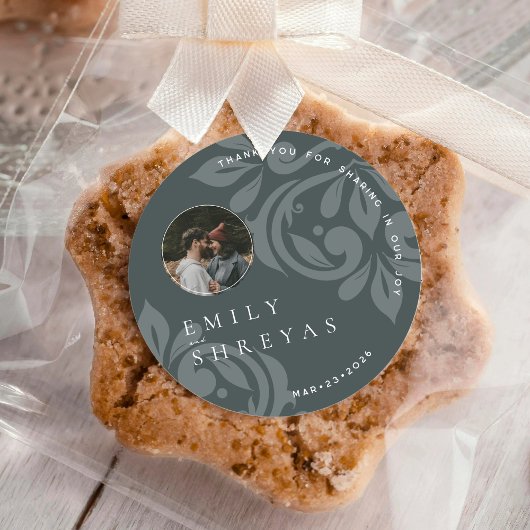 クラシックグンメタルグリーンダマスク結婚写真 ラウンドシール