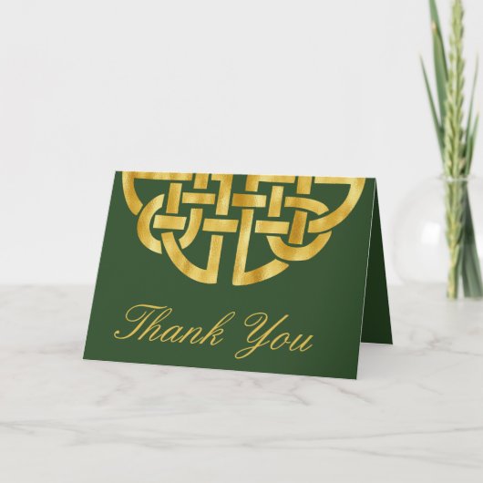 クラシックケルト結び目模様の緑と金ゴールドのハンドファスト サンキューカード (正面)