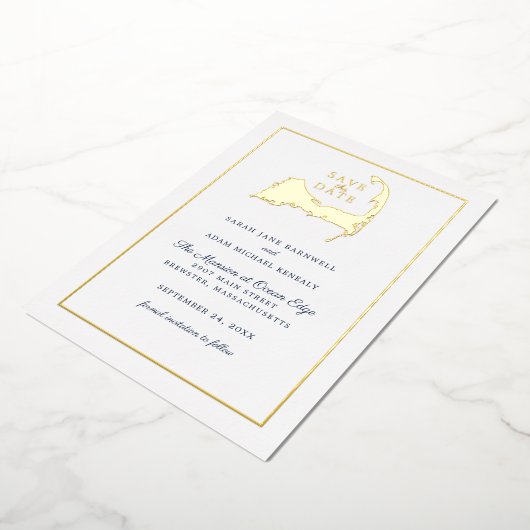 クラシックケープコッド地図ウェディング日付を保存 箔招待状 (回転した状態)