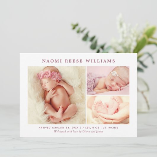 クラシックコラージローズピンクベビーガールフォト誕生 案内状 (スタンド正面)