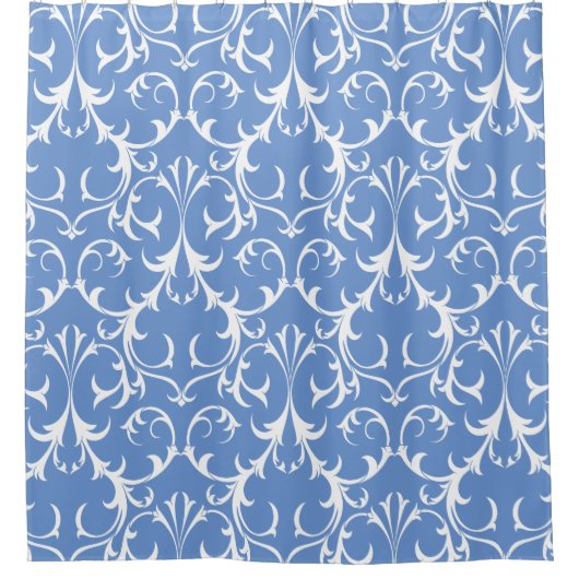 クラシックコーンフラワーブルー&ホワイトダマスクフローラ シャワーカーテン (正面)