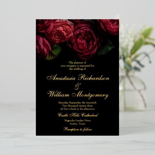 クラシックゴシッエレガントクフローラブラック&金ゴールド結婚ズ 箔招待状 (立ち正面)