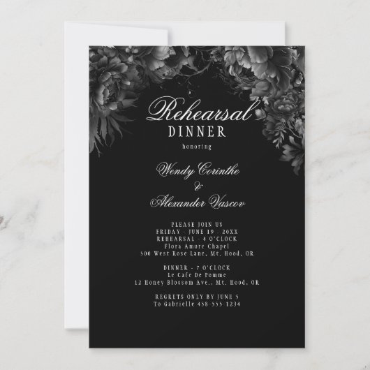 クラシックゴシックブラックのリハ結婚ーサルディナー 招待状 (正面)