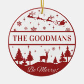 クラシックサンタとスリーのクリパーソナライズされたスマス セラミックオーナメント (正面)