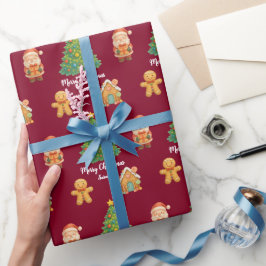 クラシックサンタのジンジャーブレッドバーガンディークリスマス ラッピングペーパー