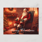 クラシックサンタクリスマスと居心地の良い暖炉シーン シーズンポストカード (正面)