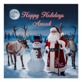 クラシックサンタクリスマスシーン雪だるま ポスター