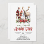 クラシックサンタクロースとトナカイの赤いホリーベリー 招待状 (正面/裏面)