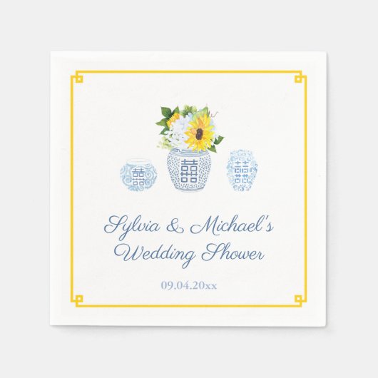 クラシックサンフラワーズブルー&ホワイト花器ブライダルシャワー スタンダードカクテルナプキン (正面)