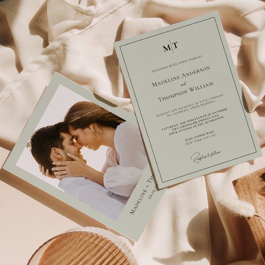 クラシックサージグリーン縁どモノグラム写真結婚s 招待状