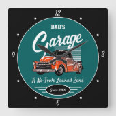 クラシックシェビートラックガレージパパの名前ティール(緑がかった色)ブラック スクエア壁時計 (正面)