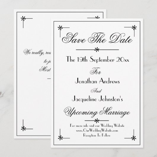 クラシックシックなロマンチック結婚ホワイト セーブザデート (正面/裏面)