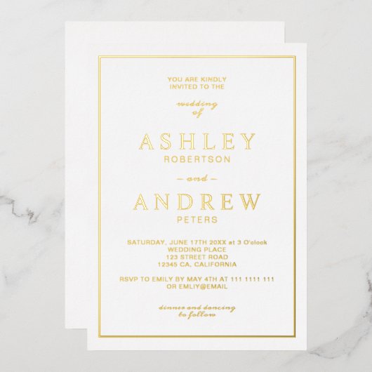 クラシックシックシンプル金ゴールドエレガントホワイトスクリプト 箔招待状 (正面/裏面)