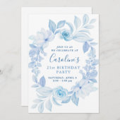 クラシックシックブルーフラワー誕生日招待状 招待状 (正面/裏面)
