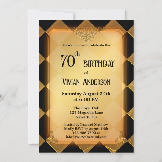 クラシックシック金ゴールドブラックエレガント誕生日 招待状 (正面)