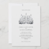 クラシックシャトー会場を描いたミニマルなウェディング 招待状 (正面)