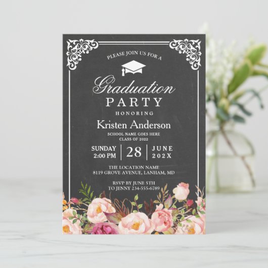 クラシックシャルボードフレームフローラ卒業パーティー 招待状 (スタンド正面)