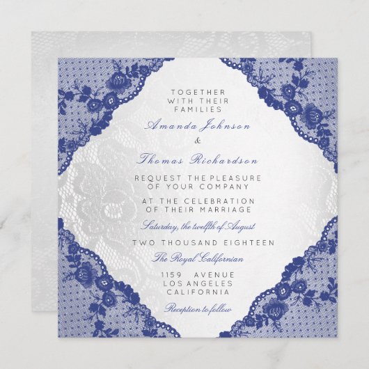 クラシックシルバーホワイトブルーネイビーレース結婚ズ 招待状 (正面/裏面)