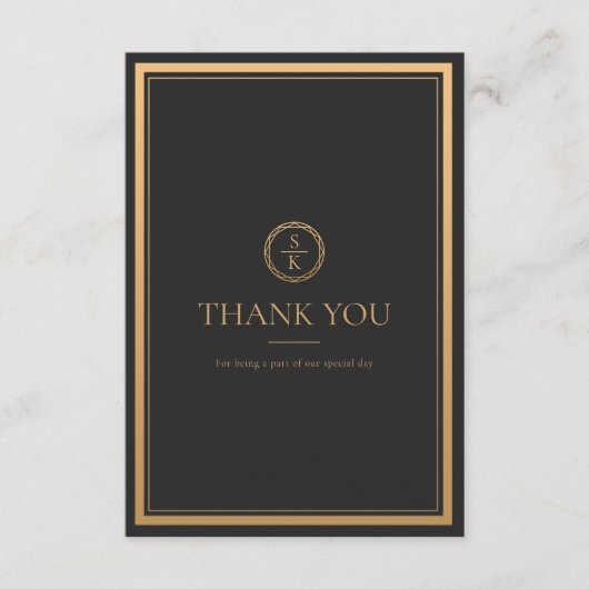クラシックシンプルエレガンス金ゴールド結婚ブラック サンキューカード (正面)