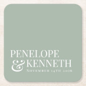 クラシックシンプルエレガントカスタムウェディングダスティージュセージ スクエアペーパーコースター (正面)