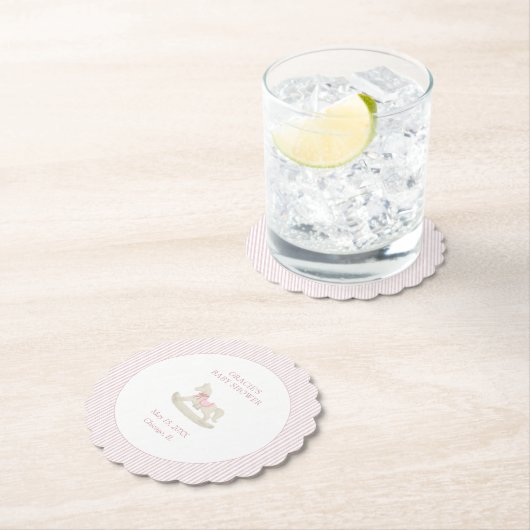 クラシックシンプルピンクロッキングホース女の子ベビーシャワー ペーパーコースター (インサイチュ)