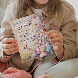 クラシックシンプルフローラ及び卵ハッピーイースター 招待状