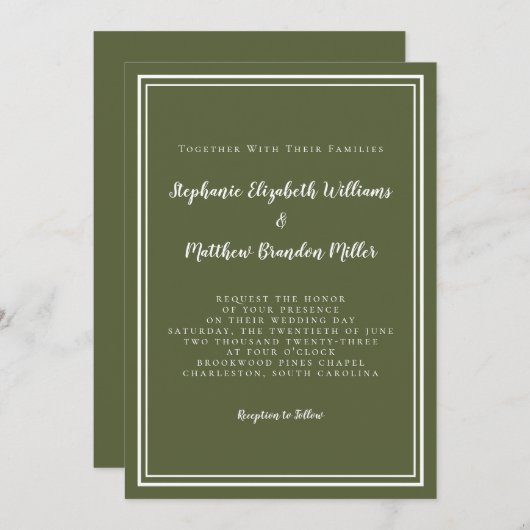 クラシックシンプルモダンオリーブグリーンエレガントウェディング 招待状 (正面/裏面)