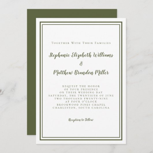クラシックシンプルモダンオリーブグリーン&ホワイト結婚ズ 招待状 (正面/裏面)