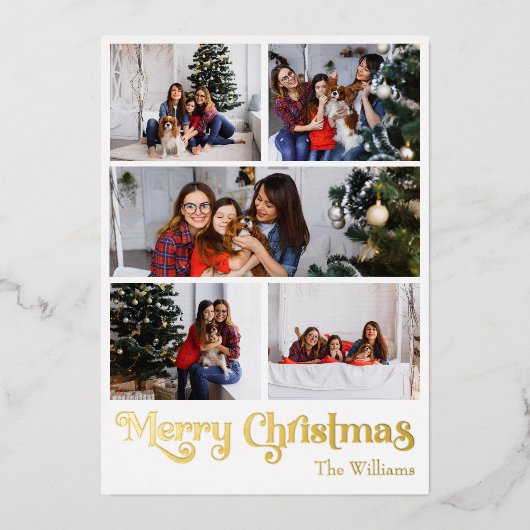 クラシックシンプル五つ写真メリークリスマス金ゴールド 箔シーズンカード (正面)