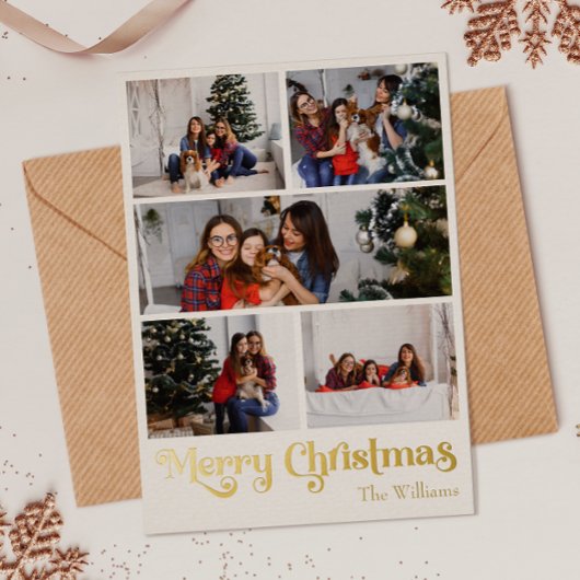 クラシックシンプル五つ写真メリークリスマス金ゴールド 箔シーズンカード