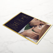 クラシックシンプル写真の結婚金ゴールド保存日付 箔招待状 (回転した状態)