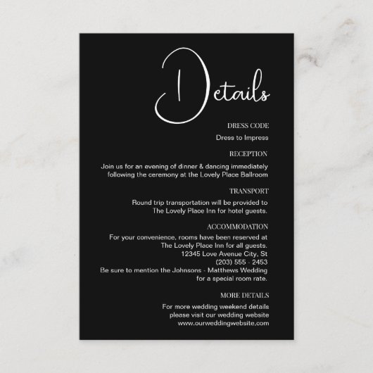 クラシックシンプル白黒結婚詳細 エンクロージャーカード (正面)